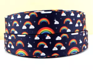 Grosgrain Rainbow with Clouds and Stars Navy Ribbon 22mm 7/8" - Picture 1 of 1