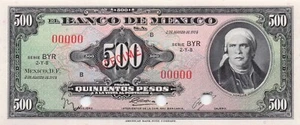 Mexico 500 Pesos Specimen 02.08.1974 Series BYR Uncirculated Banknote - Picture 1 of 2