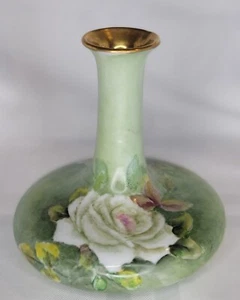 Vtg VASE HANDPAINTED PORCELAIN White Roses Green Pink Gold Artist Signed E Doyle - Picture 1 of 17
