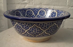 HAND PAINTED  CERAMIC HAND WASH BASIN * FES POTTERY 30 cm Blue & White - Picture 1 of 5