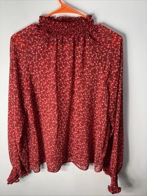 GAP Red & White Dainty Floral Chiffon Long Sleeve Mock Neck Ruffle Blouse M - Image 1 of 4