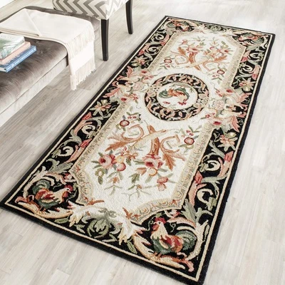 Chelsea Collection Runner Rug - 3' x 10', Ivory & Black, Hand-Hooked French C... - Image 1 of 4