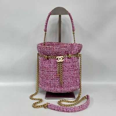 Bolso Bandolera Chanel 22P Pequeño con Cordón Rosa Tweed Dorado Asa Superior Foto 1 de 4