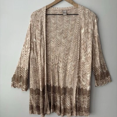 Chicos Cárdigan Suéter Mediano 1 Boho Marrón Marfil Ligero Frente Abierto Rayas Foto 1 de 4