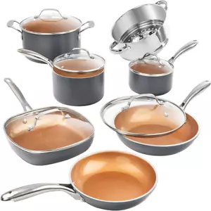 Non Stick Ceramic Coat Pots Pans Set 12pc Cookware Ultra Nonstick Oven Safe Gray - Foto 1 di 13