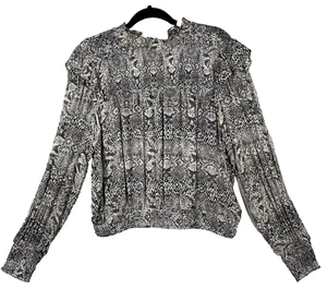 Free People Leopard Roma Chiffon Top Size L Smocked Sheer Ruffles Biker Rocker - Picture 1 of 15
