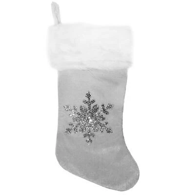 Natale Calza Velour con Argento Gemma Fiocco di Neve 45cm Argento e Bianco - Immagine 1 di 2