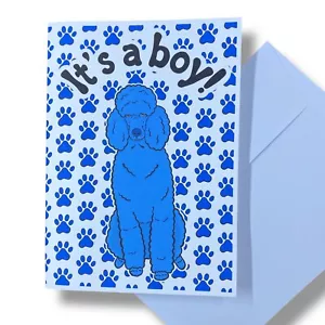 Poodle Dog Its a Boy Announcement Card Handmade Baby Shower Gift 5x7" - Picture 1 of 5