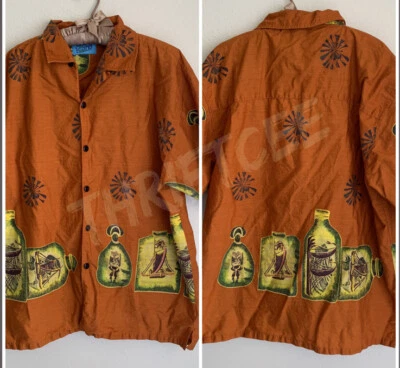 XL Rust Blue Island Ship In A Bottle Hawaiian Tiki Estatua Tropical Botón Camisa Foto 1 de 4