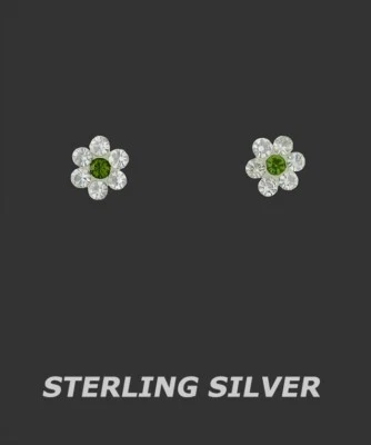 LAB PERIDOT FLOWER & W.SAPPHIRES 925 STERLING SILVER EARRINGS - Image 1 of 3
