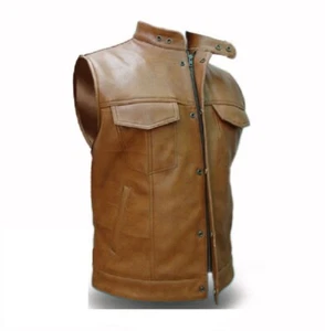 Mens Real Brown Cow Leather Vest Bikers Waistcoat with Garment Chest 42" - Picture 1 of 5