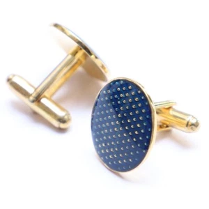 925 Sterling Silver Blue Enamel Round Shape Gold Plated Self Textured Cufflinks - Picture 1 of 4
