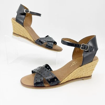 Eric Michael 40 US 9.5 Black Leather Criss Cross Wedge Espadrille Sandals Spain - Image 1 of 4