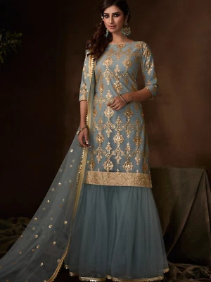 Indio Salwar Kameez Azul Dorado Lentejuelas Bordado Red Gharara Sharara Busto 40 Foto 1 de 2