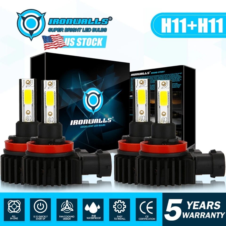 IRONWALLS Combo H11+H11 LED Headlight Bulb Kits High Low Beam 6000K Xenon White - Image 1 of 4