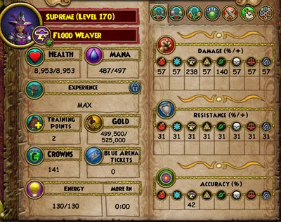 Cuenta Wizard101 170 Tormenta 130 fuego y 100 fuego señor de la guerra título Coat Of Invin - Imagen 1 de 4