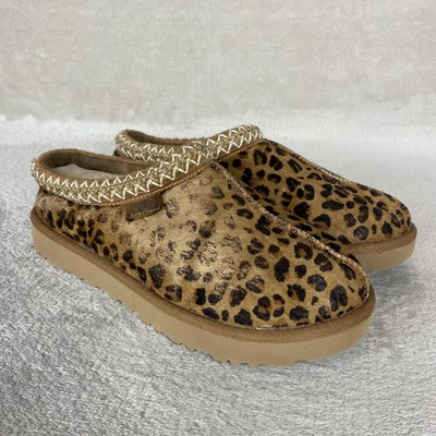 UGG Tasman Slippers Womens Size 9 Leopard Calf Hair Sheepskin Lined Clog Shoes - Image 1 of 4