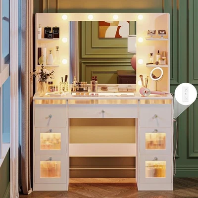 Makeup Vanity with Lights 3 Colors Glass Top Vanity Desk 7 Lighted Drawers Power - Image 1 of 4