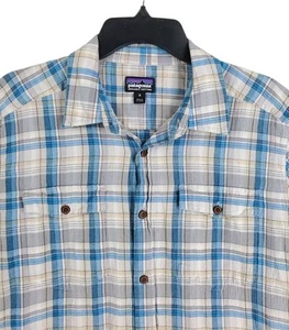 Patagonia Shirt Pure Organic Cotton Mens M Gray Blue Plaid Button SS Outdoor - Picture 1 of 10