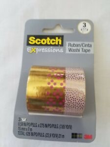 NEW Scotch Washi Tape 3x3 Rolls Expressions Striped Craft Project Gold Christmas