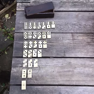 Antique Boxed Bovine Bone And Ebony Complete Set Of Dominoes With Brass Pins - Picture 1 of 10
