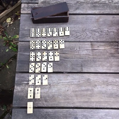 Antique Boxed Bovine Bone And Ebony Complete Set Of  Dominoes With Brass Pins - Image 1 of 4
