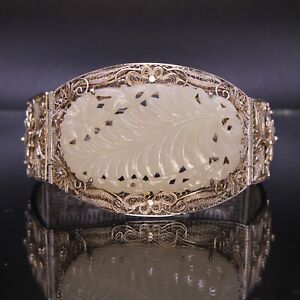 Antique Chinese Sterling Silver Carved RARE White Jade Panel Filigree Bracelet