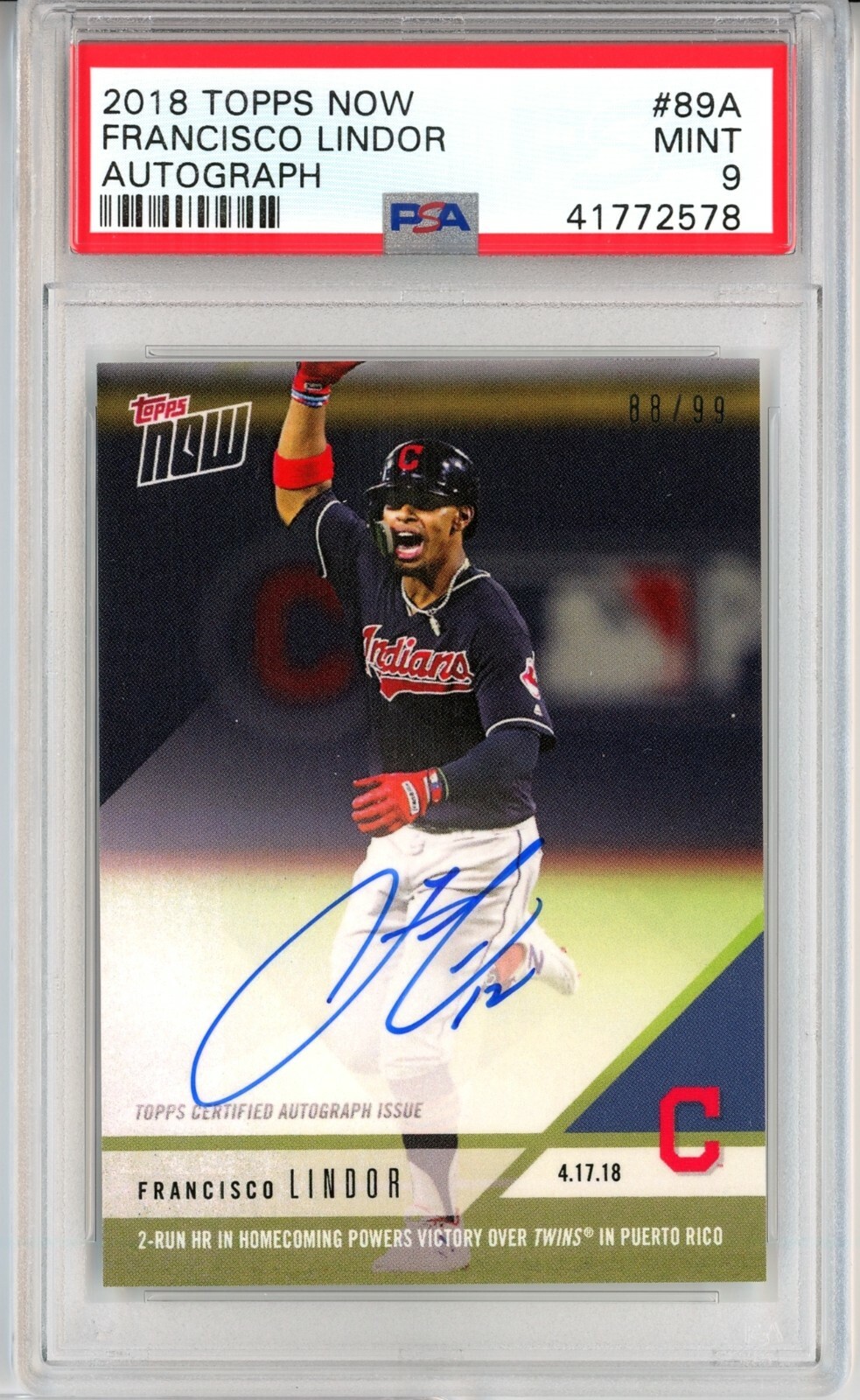Francisco Lindor 2018 Topps Now Puerto Rico Game AUTO #89A (SP 88/99) PSA 9  MINT | eBay