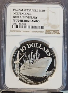 1976 SINGAPORE SILVER $10 INDEPENDENCE ANNIVERSARY NGC PF 70 ULTRA CAMEO PERFECT - Picture 1 of 3