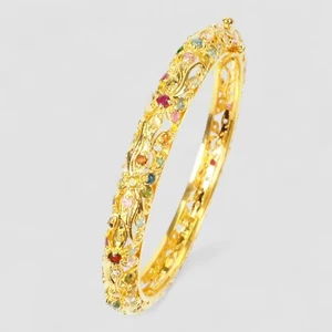 Elegant Multi Gemstone Filigree Bangle 24K Gold Plated Vintage Inspired Bracelet - Picture 1 of 10