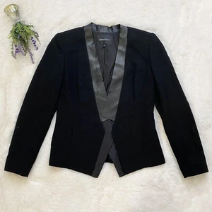 Lafayette 148 New York Black Crepe Wool Blazer Jacket Size 2 Faux Leather Trim - Picture 1 of 7