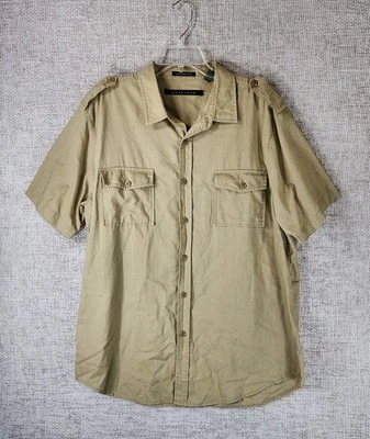 Sean John Linen Blend Button Down Shirt Mens XL Tan Casual Flight Short Sleeve - Image 1 of 4
