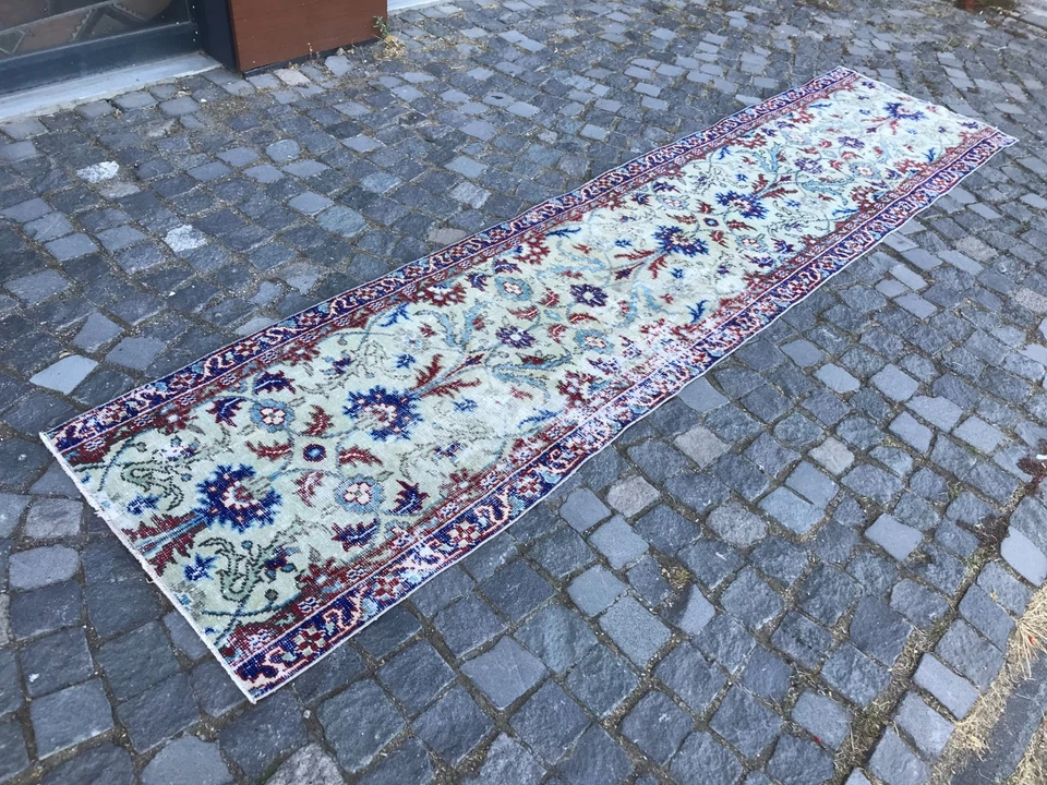 Alfombra turca vintage hecha a mano alfombra de lana alfombra bohemia para corredores alfombra para el hogar 2,5 x 11, pies Foto 1 de 4