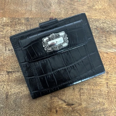Cartera Plegable Vintage Brighton Cuero Negro Moc Cocodrilo Plata Concho Foto 1 de 4