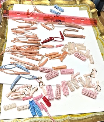 OVER 80 OLD VINTAGE ANTIQUE DOLL TOY RUBBER PLASTIC HAIR CURLERS ROLLERS LOT - Image 1 of 4