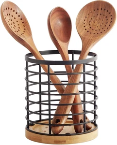 Utensil Holder for Kitchen Counter  5.2 X 5.2 X 6 Large round with Wooden Base  - Picture 1 of 12
