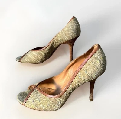 VTG Carlos Santana Butter Yellow Tweed Peep-Toe Heels Size 10 - Image 1 of 4