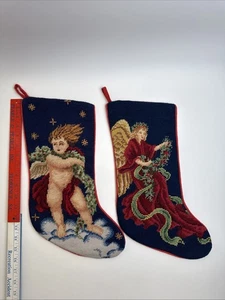 Set Of 2 Wool Needlepoint Christmas Stockings Angel Cherub Victorian 17” - Picture 1 of 8