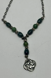 Vintage Sterling Silver 925 Green Bead Celtic Knot Pendant Y Drop 18" Necklace - Picture 1 of 4