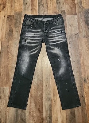 DSQUARED2 Slim Jeans Men's 36x29 Distressed Whiskers Faded Black paint splatter - Image 1 of 4