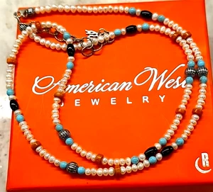 American West Zuchtperlen 24 Zoll plus 3 Zoll Onyx, Türkis, Koralle Perlen Halskette Neu Box - Bild 1 von 19