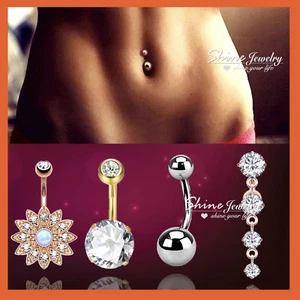Opal Crystal Drop Belly Button Navel Ring Ball Barbell Bar Steel Body Piercing - Picture 1 of 170