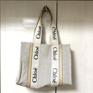 Auth Chloe Woody Medium Tote Bag Hand Bag Beige × White Canvas Calfskin Used  - Picture 1 of 12