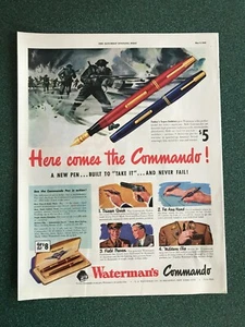 Waterman's Commando Pen WWII Ad with Soldier in Battle with Tommy Gun - Picture 1 of 1