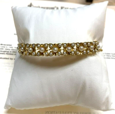 LADIES 14 KT YELLOW GOLD HINGED BANGLE PEARL BRACELET 7.25" LISTS $4400 - Image 1 of 4