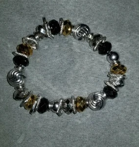 Lia Sophia Black Gold Silvertone Metallic Chunky Bead Stretchy Bracelet - Picture 1 of 1