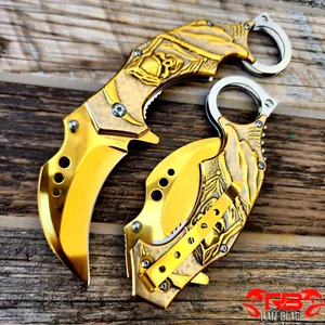 8" Karambit Spring Assisted Gold HANDLE Skull Folding Blade Open Pocket Knife - Picture 1 of 4