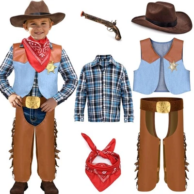 Juego de 6 PIEZAS Disfraz de Vaquero para Niños - Vestir a Niño Pequeño, Sombrero, Chaleco para Halloween y Foto 1 de 4