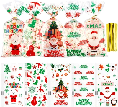 Bolsas de golosinas de Navidad, 100 piezas bolsas de golosinas de celofán de Navidad, plástico transparente Xma Foto 1 de 4