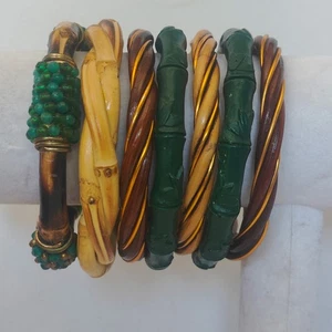 Natural Bamboo, Wicker, Cinnabar Style Resin,Gold Wire Bangle Bracelets Lot Of 7 - Picture 1 of 19